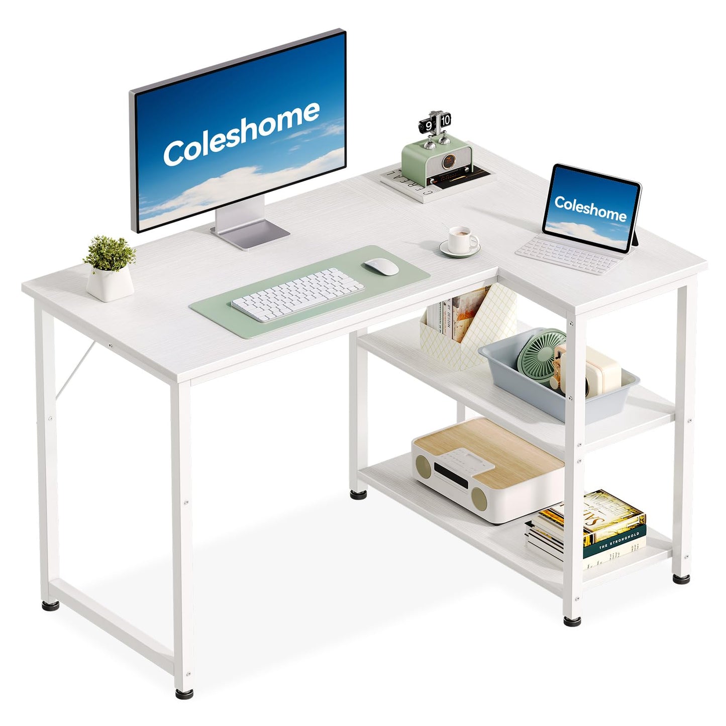 Coleshome L Shaped Gaming Desk for Small Space, 100x70 cm White