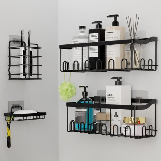 PRIME FEEL Shower Caddy no Drill, 4-Pack Stainless Steel Shower Shelf Organiser, Bathroom Accessory Set Including 2 x Bathroom Shelves, 1 x Toothbrush