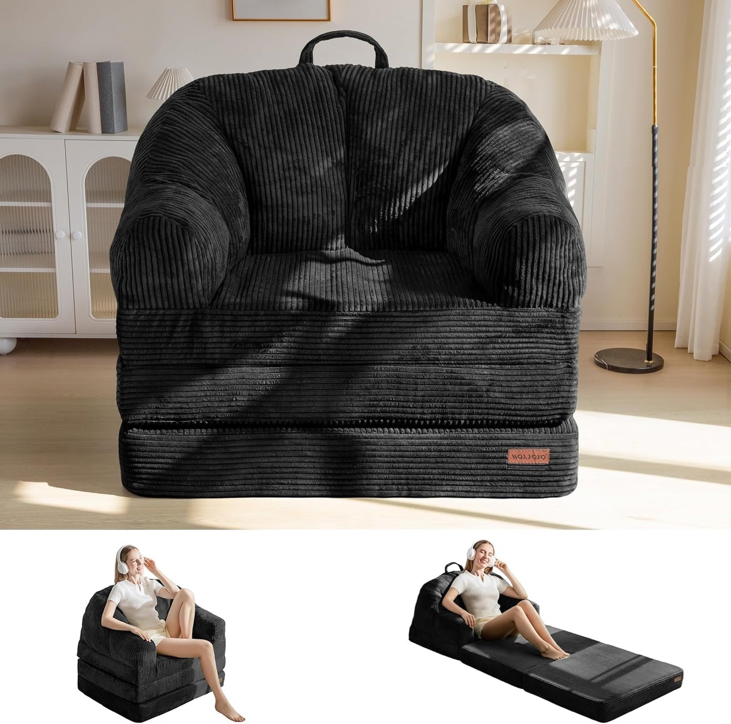 MAXYOYO Folding Sofa Bed with Backrest, Boneless Fold Out Couch Bed with Handle, 2 in 1 Convertible Bean Bag Chair to Floor Sofa Lounger