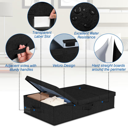 JUPELI Under Bed Storage Box with Lid, 2 Pack Large Underbed Storage Boxes, Foldable Black Under Bed Clothes Storage Box W/Handle, Under Bed Storage