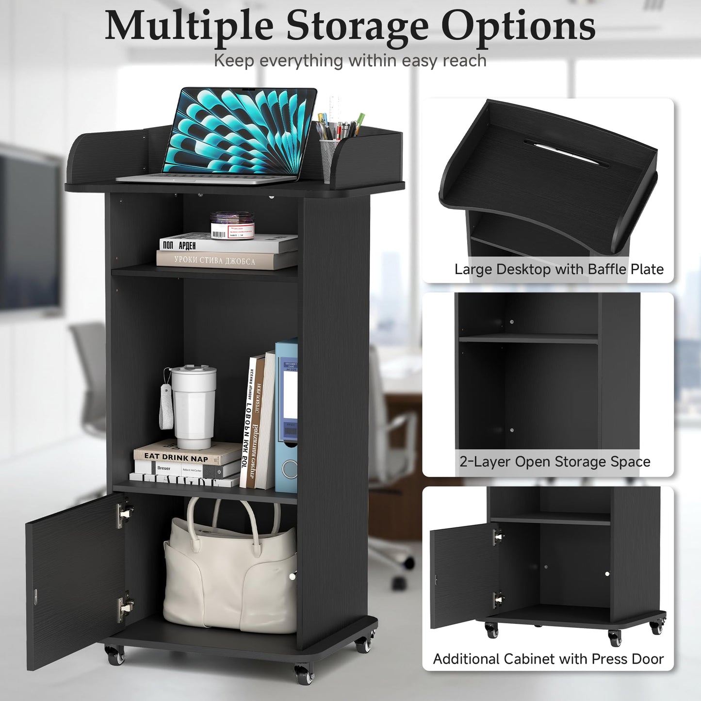 Suuiwau Portable Podium Stand with Adjustable Shelf & Lockable Wheels