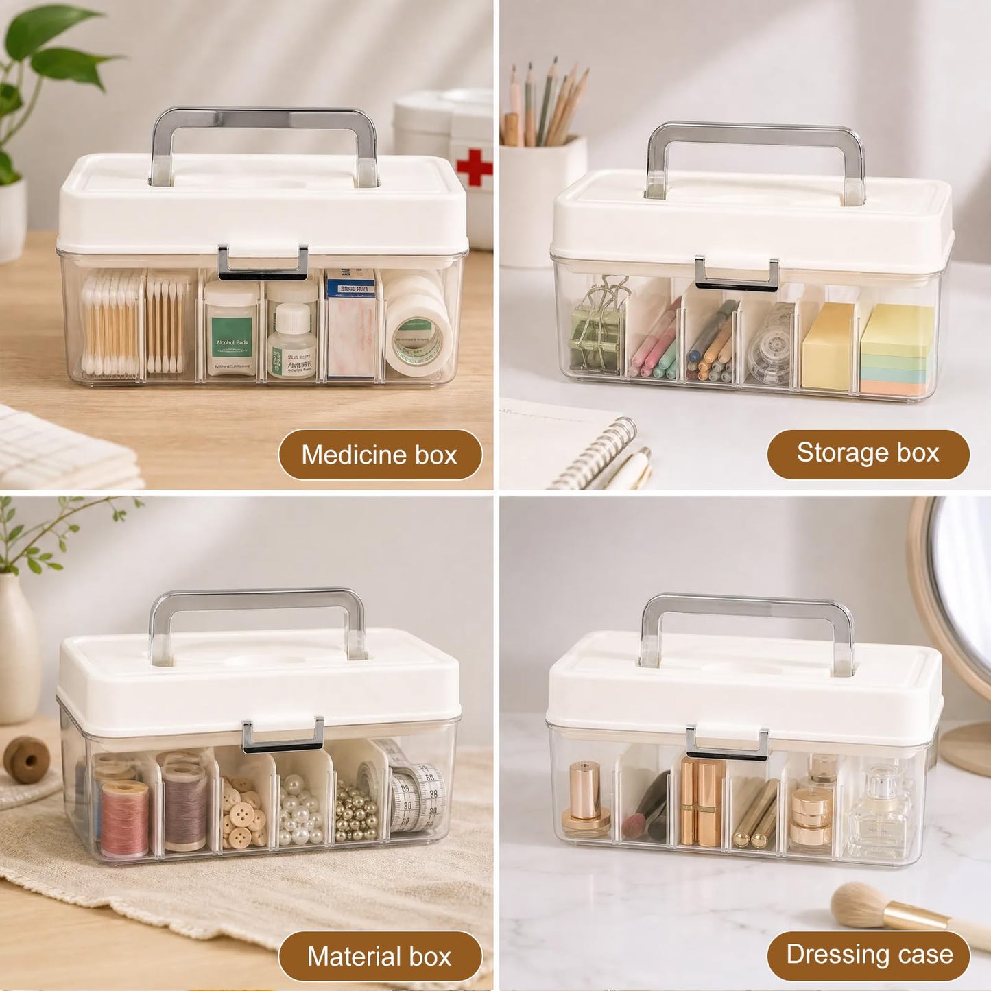 YJQXMYU Medicine Storage Box with Adjustable Dividers, 2-Layer First Aid Box, 24.5cm Multipurpose Storage Box with Lid & Handle for Medicine, Tool