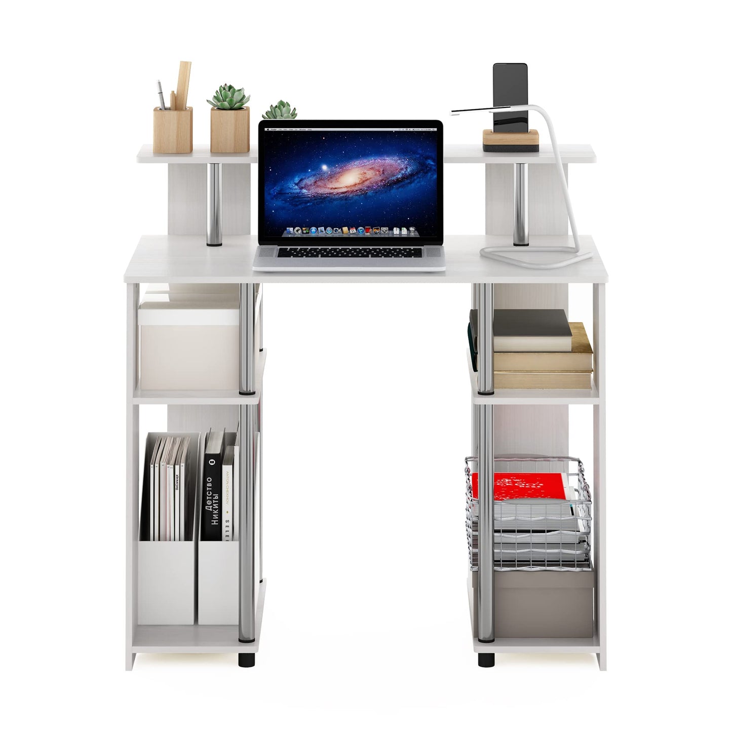 Furinno Computer Writing Desk, Engineered Wood, White Oak/Stainless Steel, 51.49 (D) x 90.5 (W) x 90.6 (H) cm
