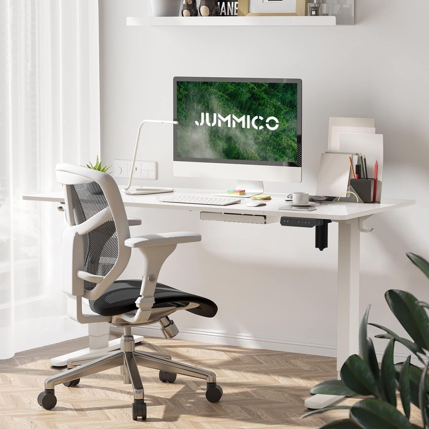 JUMMICO Electric Standing Desk 140x70 cm with Charging Port, Height Adjustable Computer Desk with Cable Tray,Ergonomic Sit Stand up Desk Rising Table