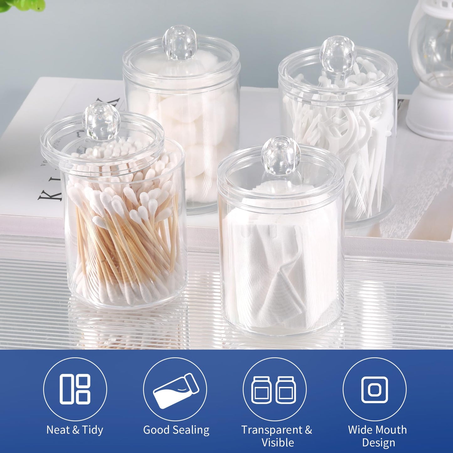 Annhua 4 Pcs Cotton Bud Holder 10 Oz Cotton Pad Holder with Lids, Plastic Bathroom Jars for Facial Pads, Swabs, Dental Picks, Hair Bands