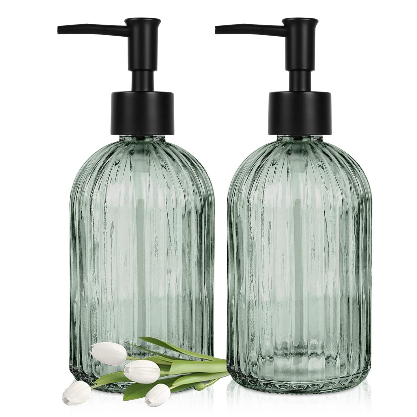 2 Pcs Glass Soap Dispenser with Pump, 13.5 Oz/400 ml Clear Liquid Dispenser, BPA Free Refillable Green Bottle Non-slip for Shampoo, Shower Gel in