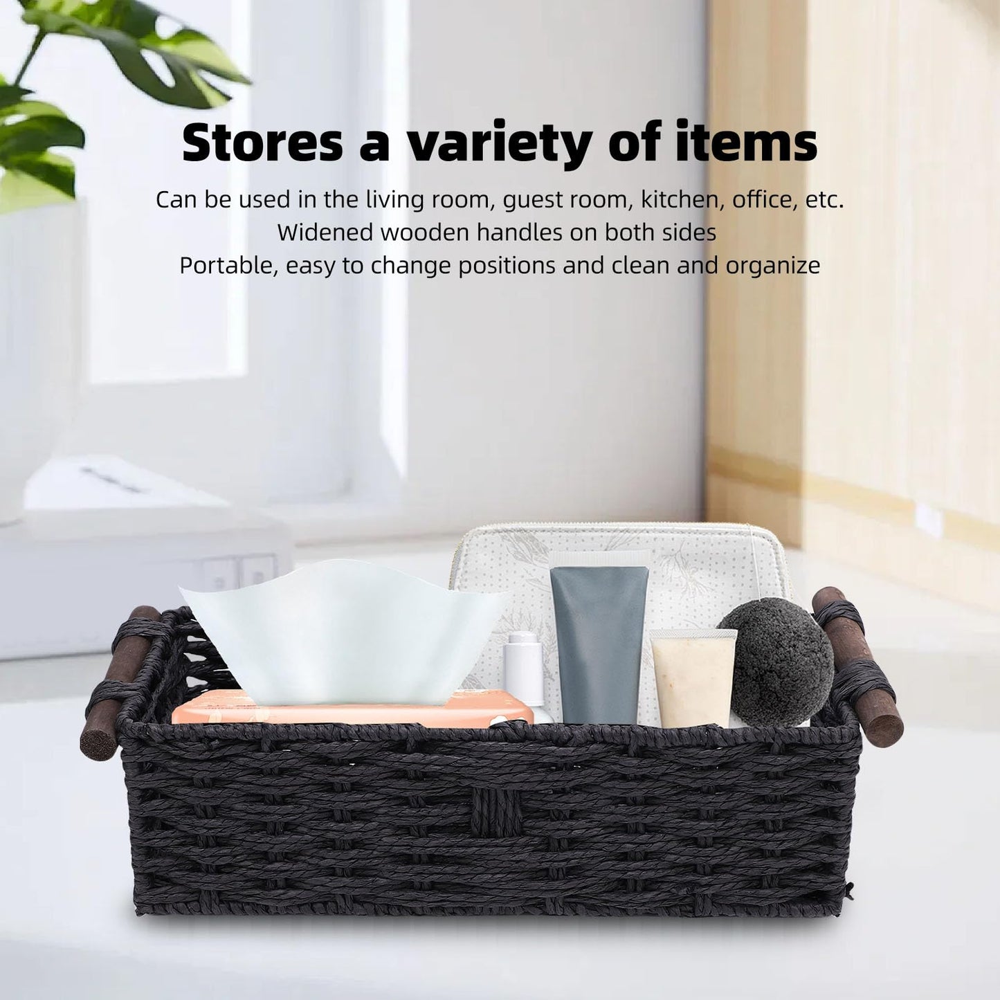 HELEVIA Paper Rope Storage Basket, Handmade Woven Decorative Storage Bin Toilet Tank Topper Paper Basket, for Shelves Countertop (Black)