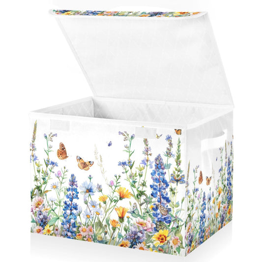 Mnsruu Flower Baskets Collapsible Storage Bins with Lids, Watercolor Wildflowers Spring Storage Boxes Clothes Baskets for Organizing