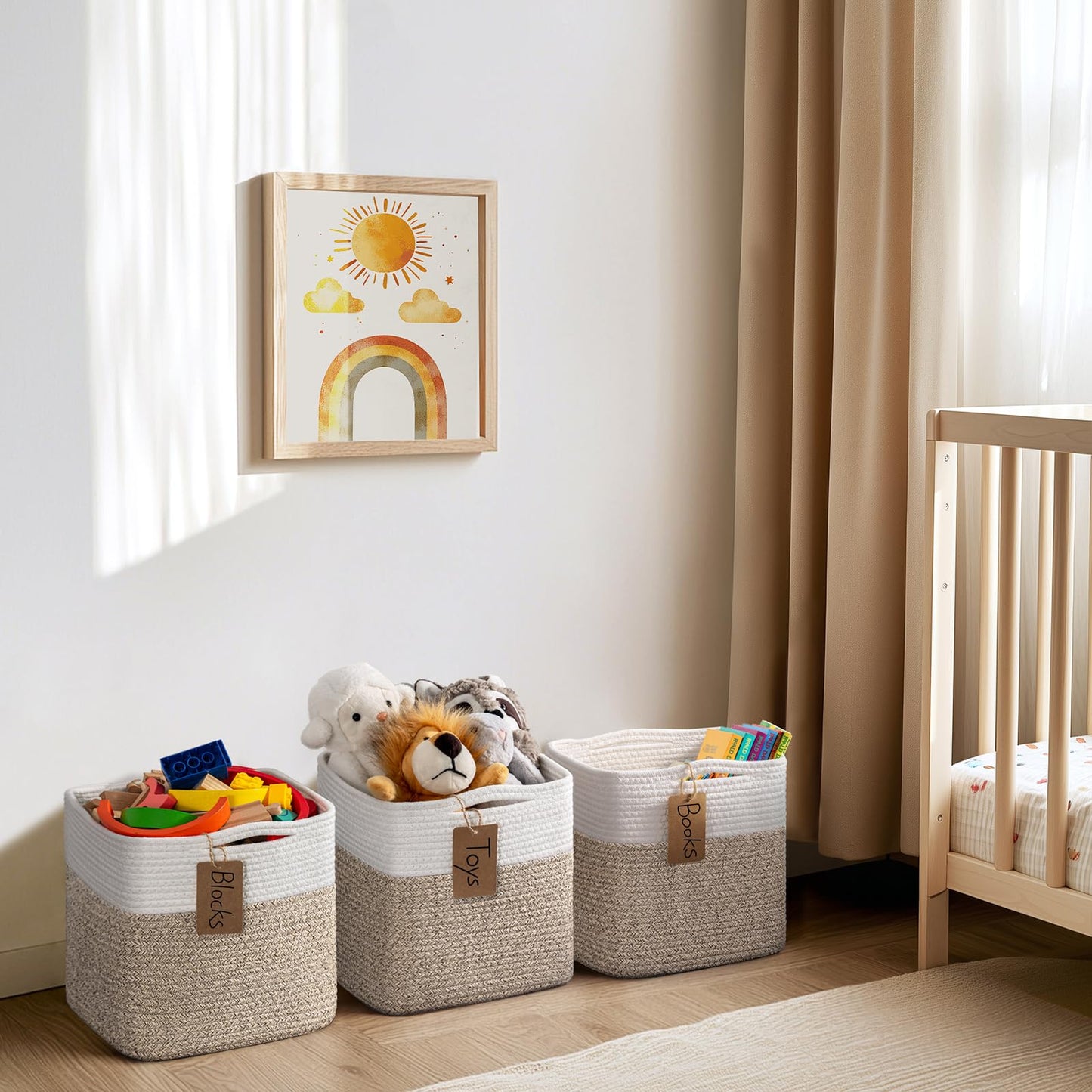 TIMEYARD 3 Pack Cube Storage Bins Rope Woven Basket for Shelves White Brown