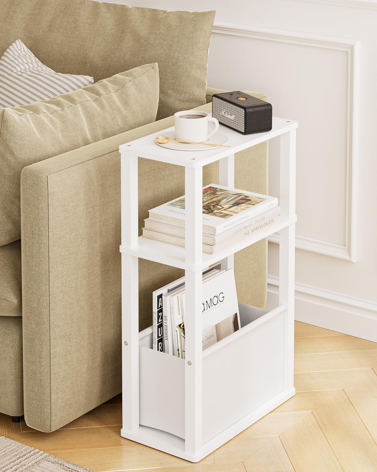 Apetaccat Narrow Side Table for Small Spaces, Slim End Table with Storage Basket, Small Bedside Table for Bedroom