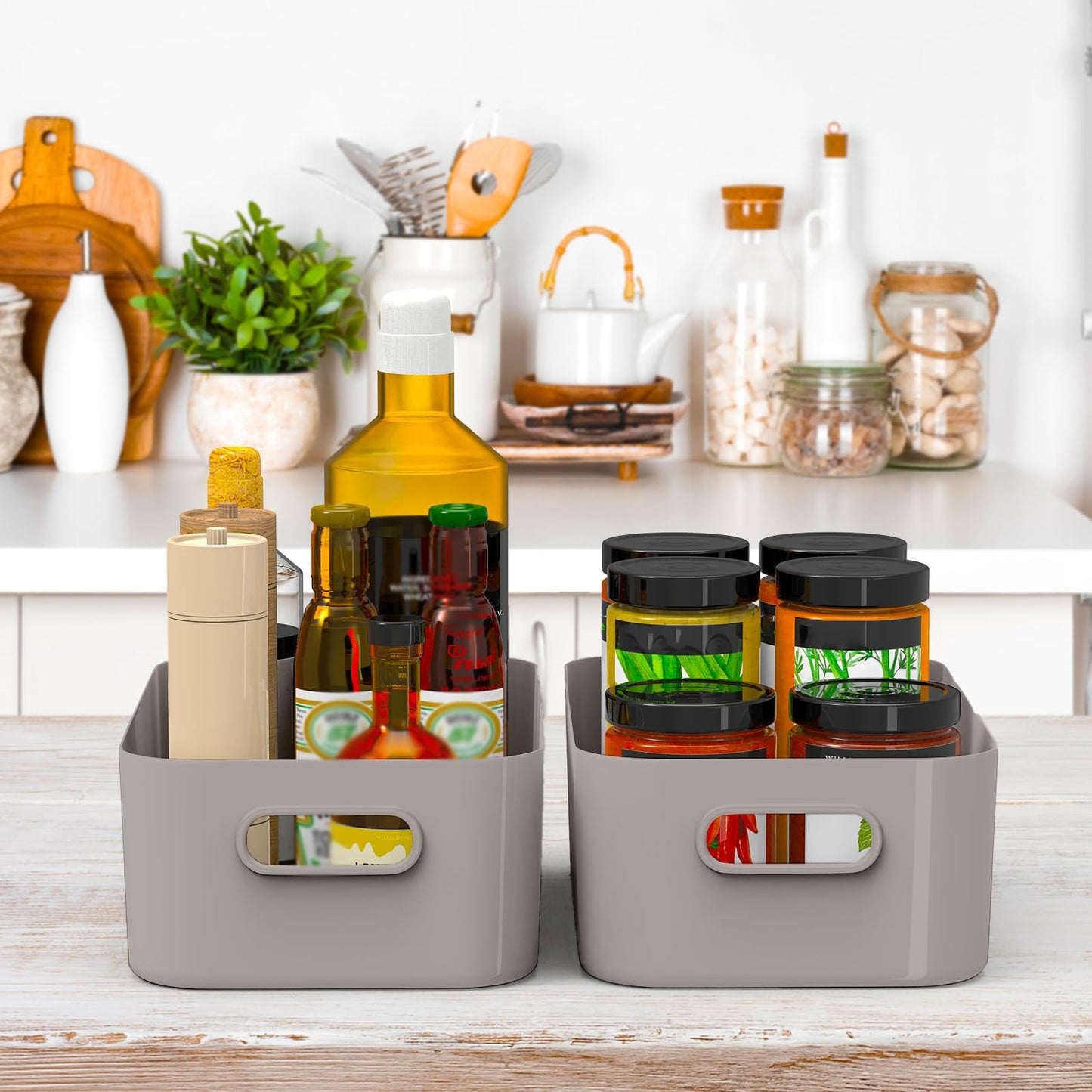 W&H 10 PCS Grey Plastic Storage Boxes with Handle, Medium Kitchen Cupboard Organiser Box, Plastic Storage Baskets for Shelves, Bathroom