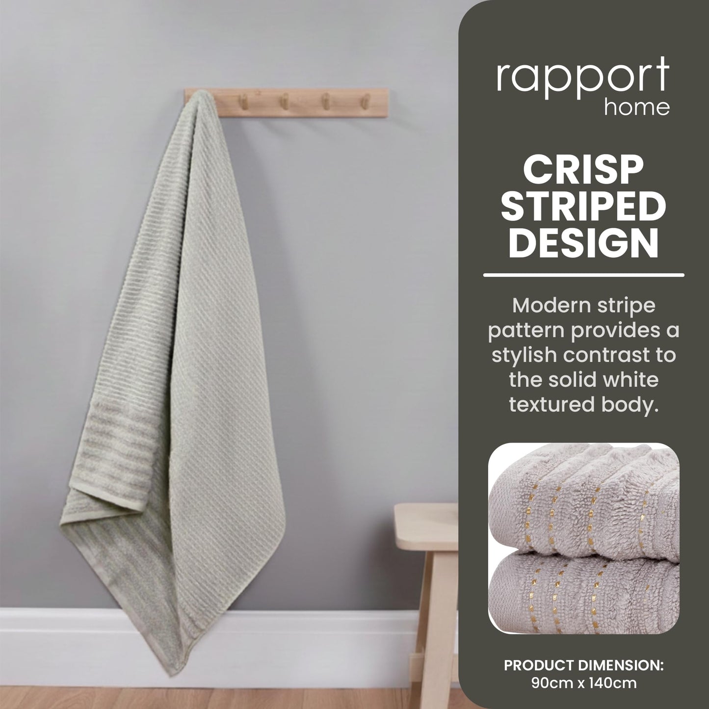 Rapport Home Linear Bath Sheets 2 Pack | Dove Grey | 90x140cm | Luxurious 500GSM 100% Cotton | Oeko-Tex Certified Absorbent & Soft Bathroom Towels