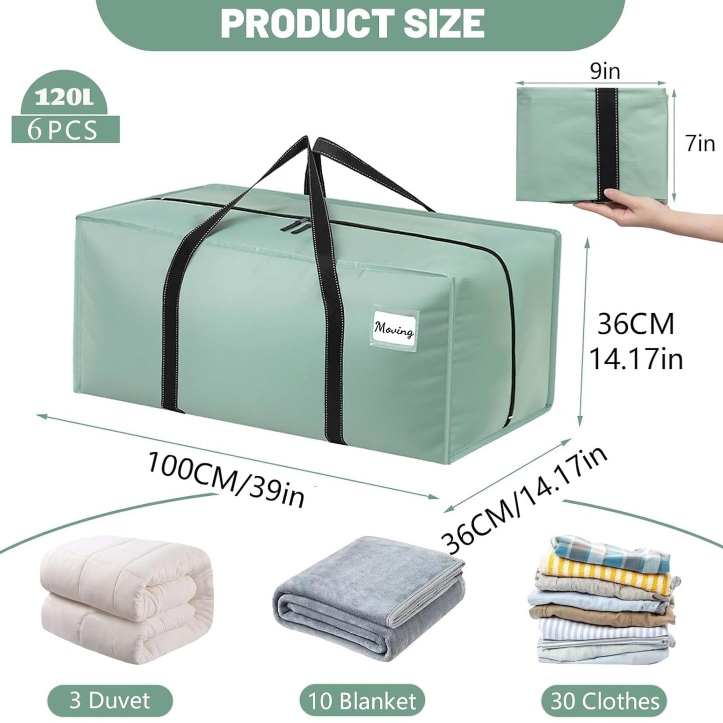 Dntorx 6 Pack 120L Moving Bags and Storage Bag Dorm Moving Essential, Green