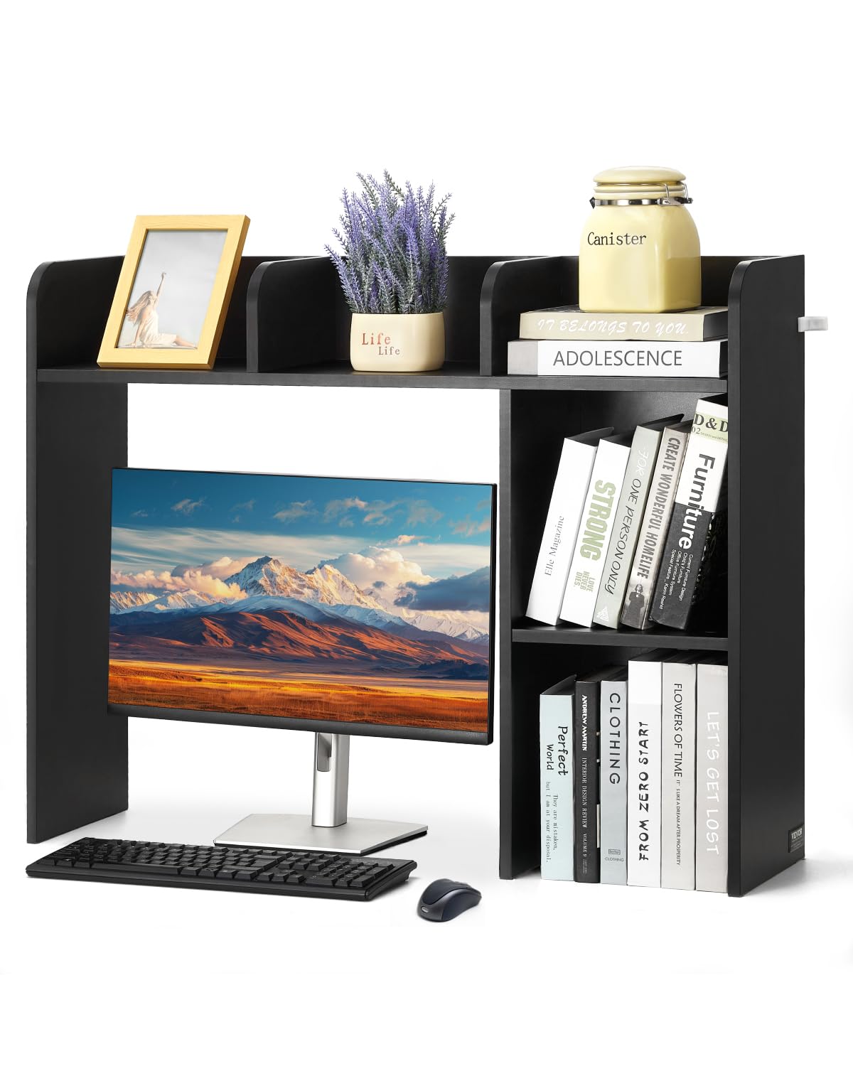 VEVOR Desktop Bookshelf, 2-Tier Desktop Storage Organizer, 37.2" x 9.5" x 28.9" Office Storage Rack Wood Display Shelf