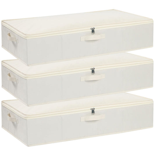 YheenLf Under Bed Storage Containers Organizers, Underbed Clothes Boxes with Reinforced Handles for Blanket, Sheets, Clothing, Shoes, Beige, 3-Pack,