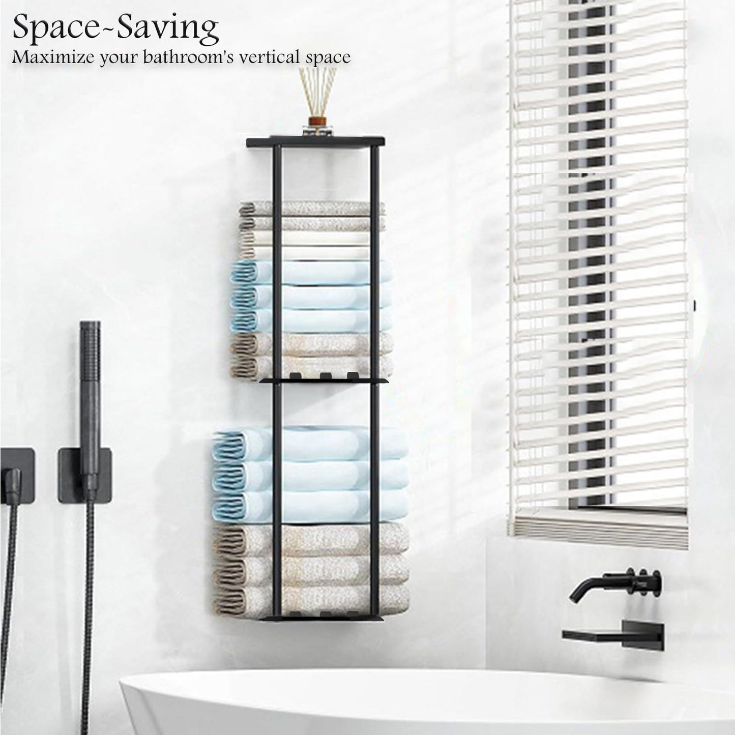 Towel Rack Wall Mounted, 3-Tier Bathroom Towel Shelf Wall Mounted With Hooks, 72cm Space-Saving Black Towels Holder Metal Bathroom Organizer For