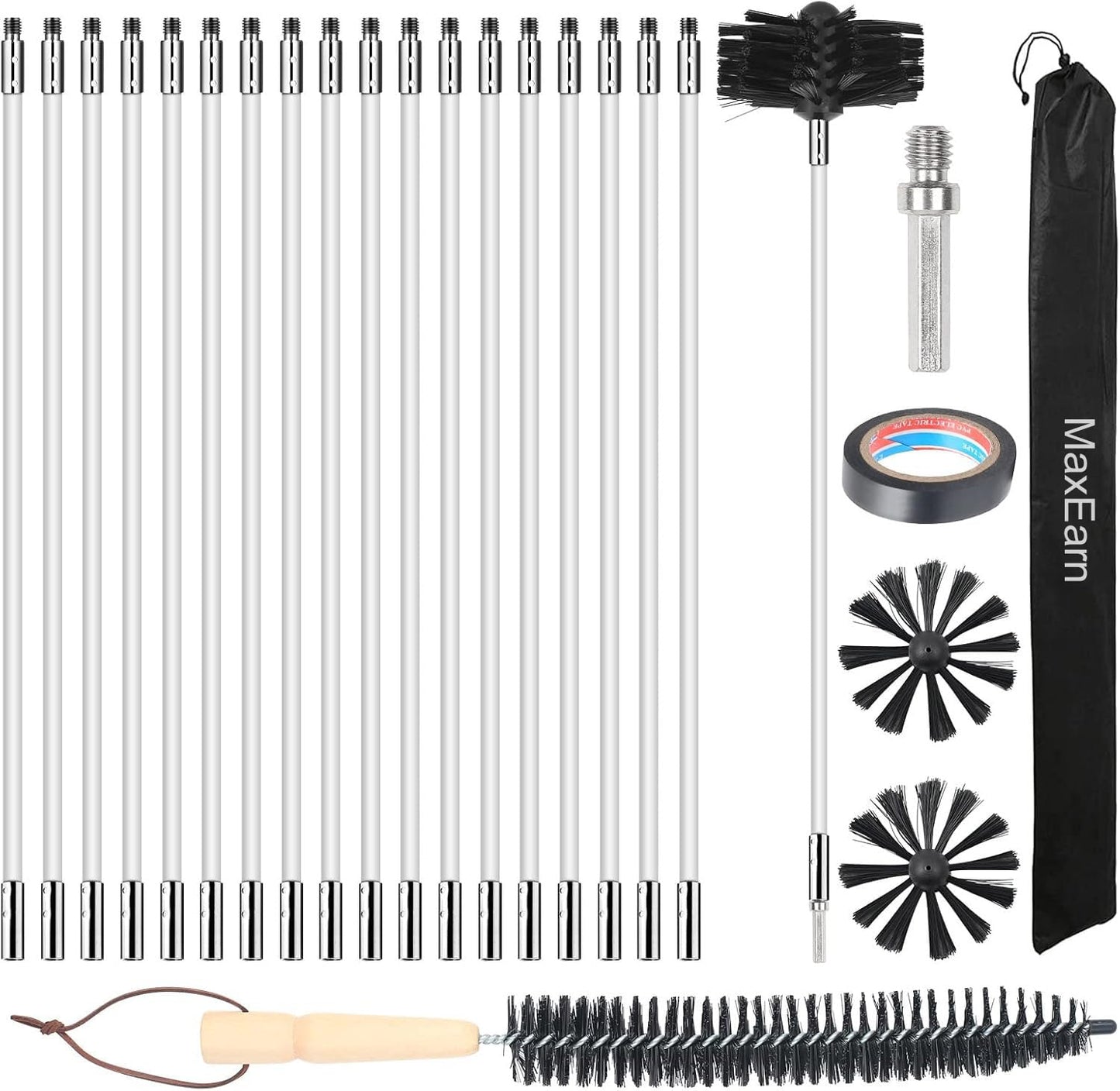 MaxEarn 24Pcs Chimney Cleaning Brush Kit, Chimney Sweep Kit with 18 Flexible Nylon Rods+ 6" Brush Head+ Wood Long Brushes+ Storage Bag, Duct Vent