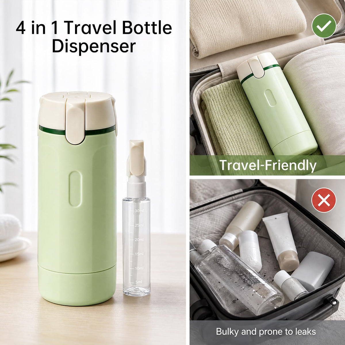 4 in 1 Travel Bottle Dispenser, Refillable Leakproof Mini Plastic Travel Containers for Toiletries