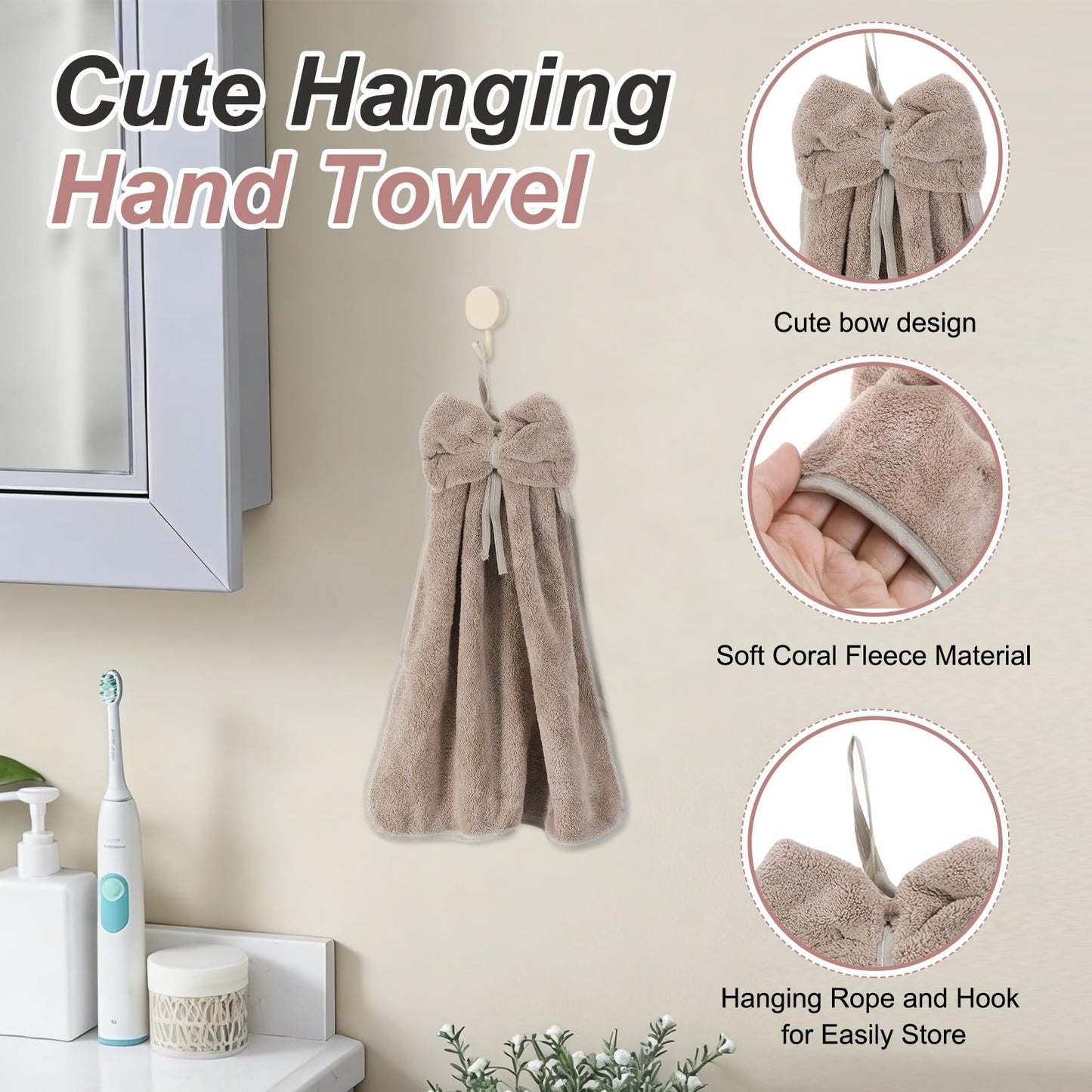 sourcing map 2Pcs Bow Hand Towels with Hanging Loop, 14.2" x 12.2" Soft Coral Fleece Microfiber Bowknot Hanging Hand Dry Towels Quick Dry and