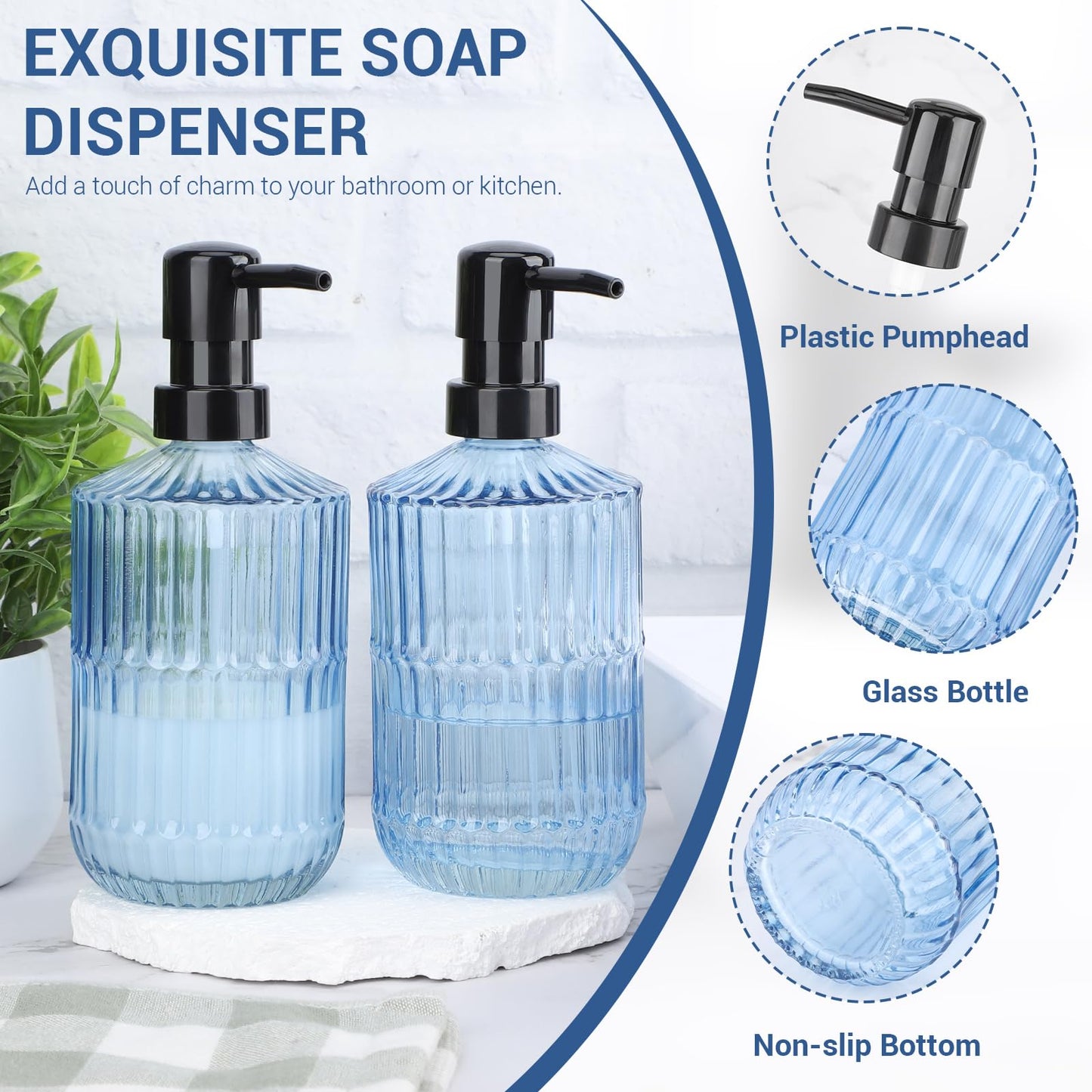 Segus Shampoo and Conditioner Dispenser, 2 Pieces 450ml Hand Wash Dispenser, Refillable and Reusable, Blue Bathroom Accessories (Glass)