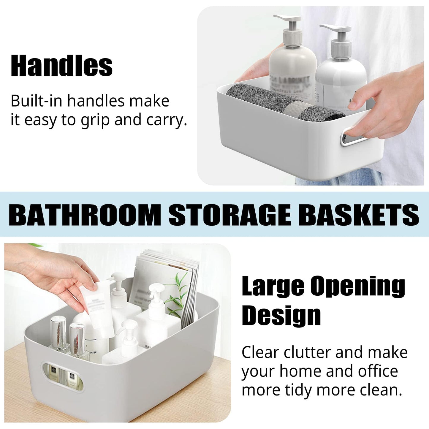W&H 5 PCS Grey Plastic Storage Baskets with Handle, Rectangular Kitchen Organiser, Small Baskets for Storage, Plastic Boxes for Kitchen, Fridge