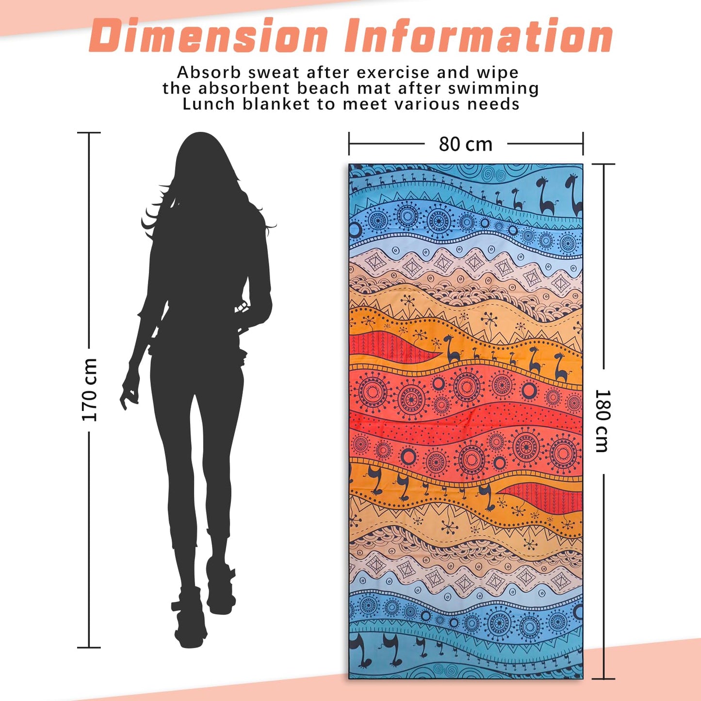 TMEOG Microfibre Beach Towels 180x80cm Extra Large Sand Free Beach Towel for Adults Compact Thin Travel Towel Women Men Lightweight Swim Pool Yoga