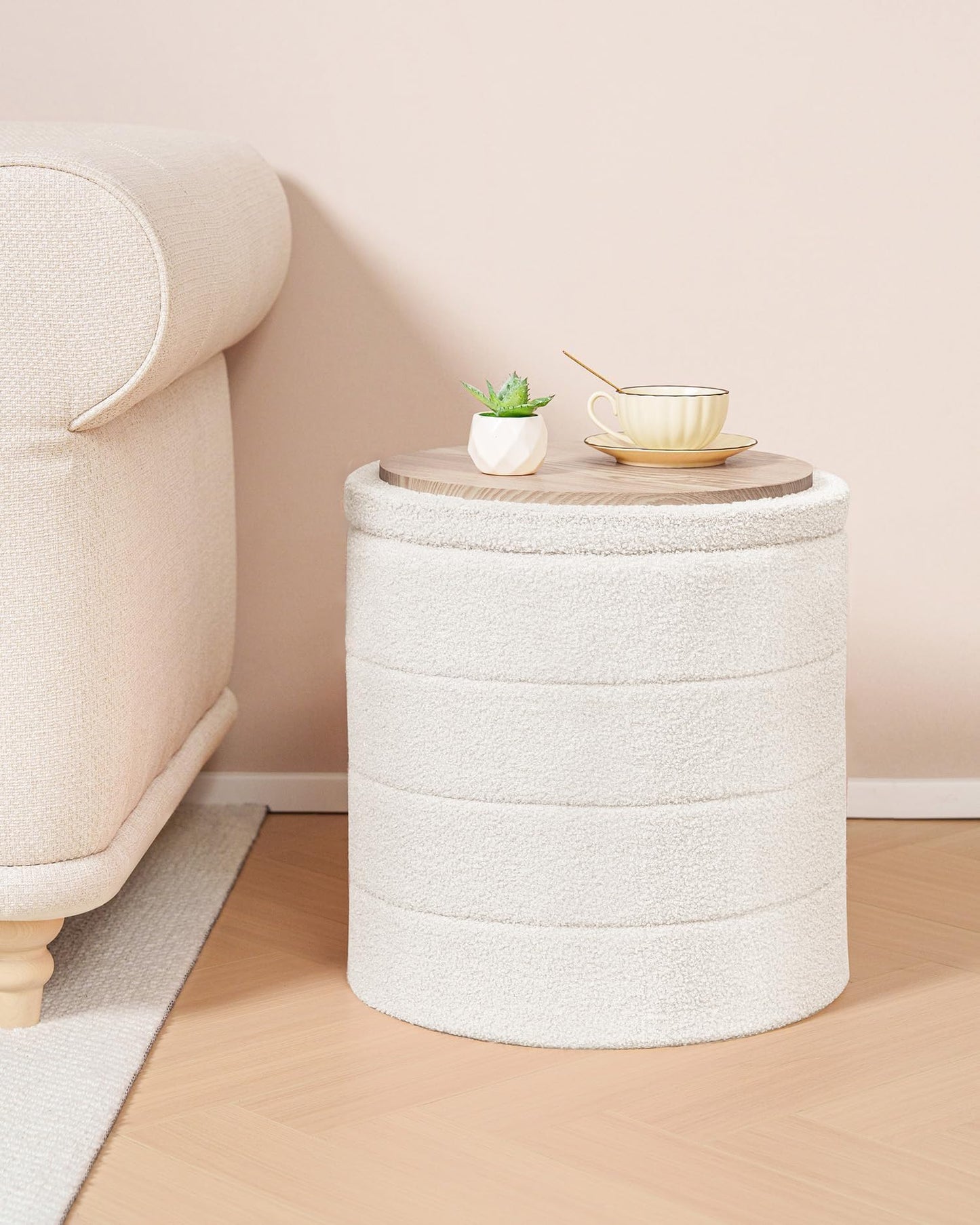Bonlife Boucle Ottoman Storage, Foot Rest Stool Seat, Folding Footstool for Living Room, Sherpa Ottoman for Bedroom, Cream, 43x43x45 cm