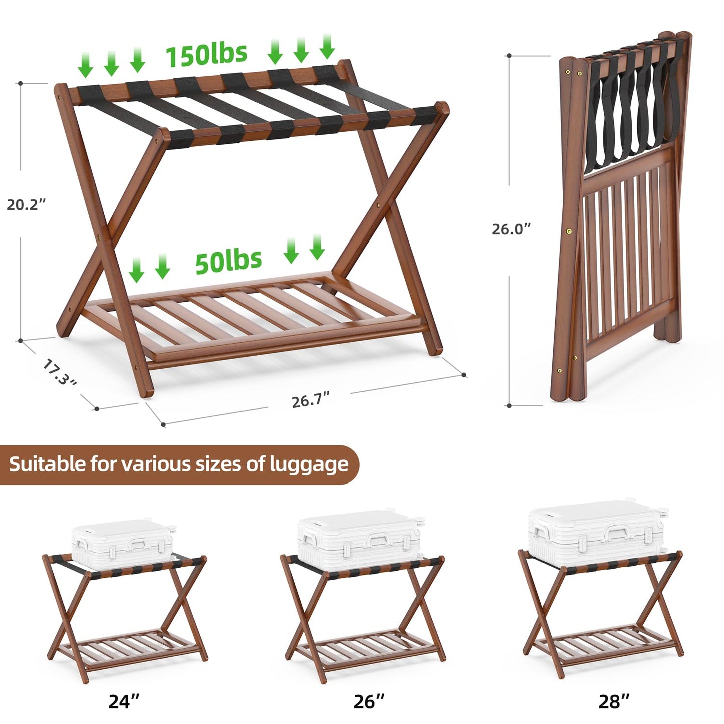 BAMBOOHOMIE Bamboo Luggage Rack for Guest Room, 26.77" Folding Wide Suitcase Stand with Storage Shelf