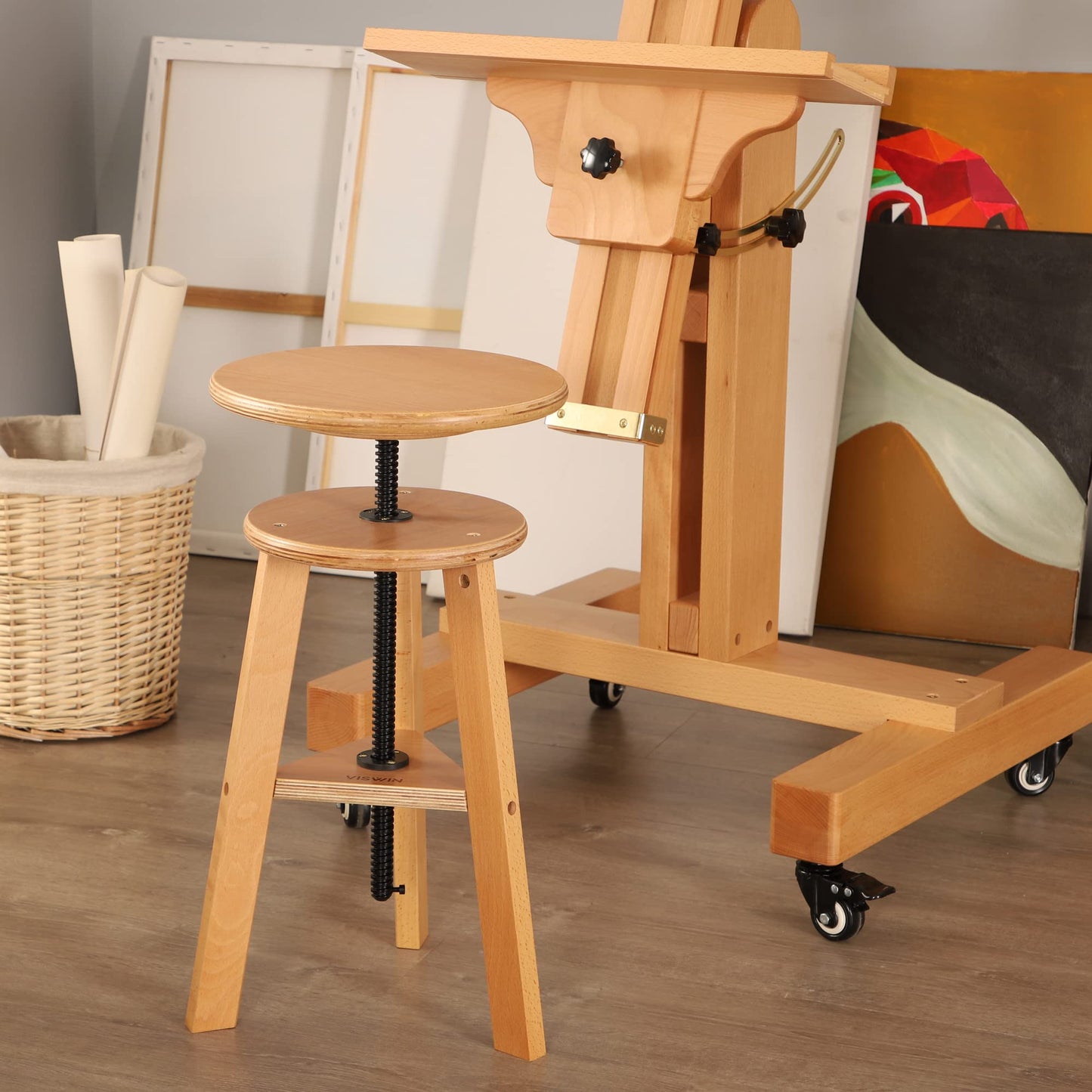 VISWIN Wooden Drafting Stool, 19-26" Adjustable Height, Solid Beech Wood Stool for Studio, Office, Home Kitchen, Bars, Artist Stool Chair for Painting