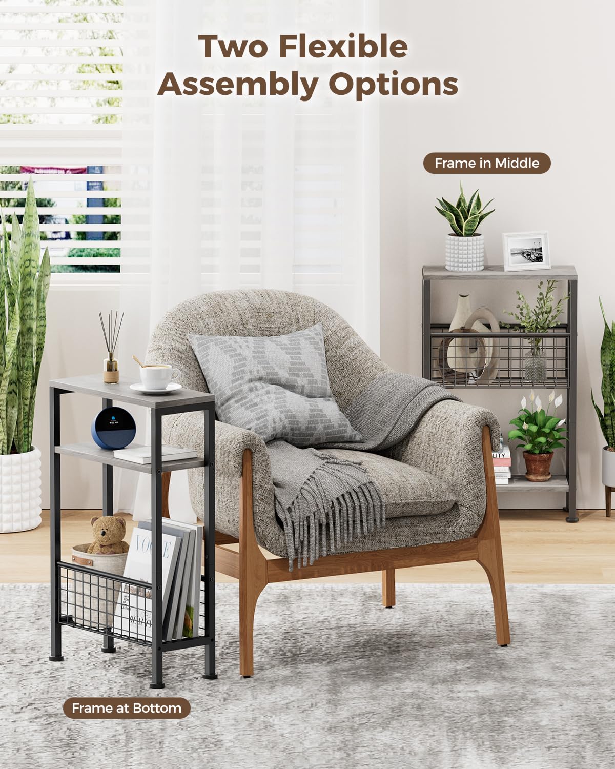 Yuede Narrow Side Table with Magazine Rack, 3-tier Slim Bedside Table, Small End Table for Living Room, Bedroom, MDF & Metal Frame Gray