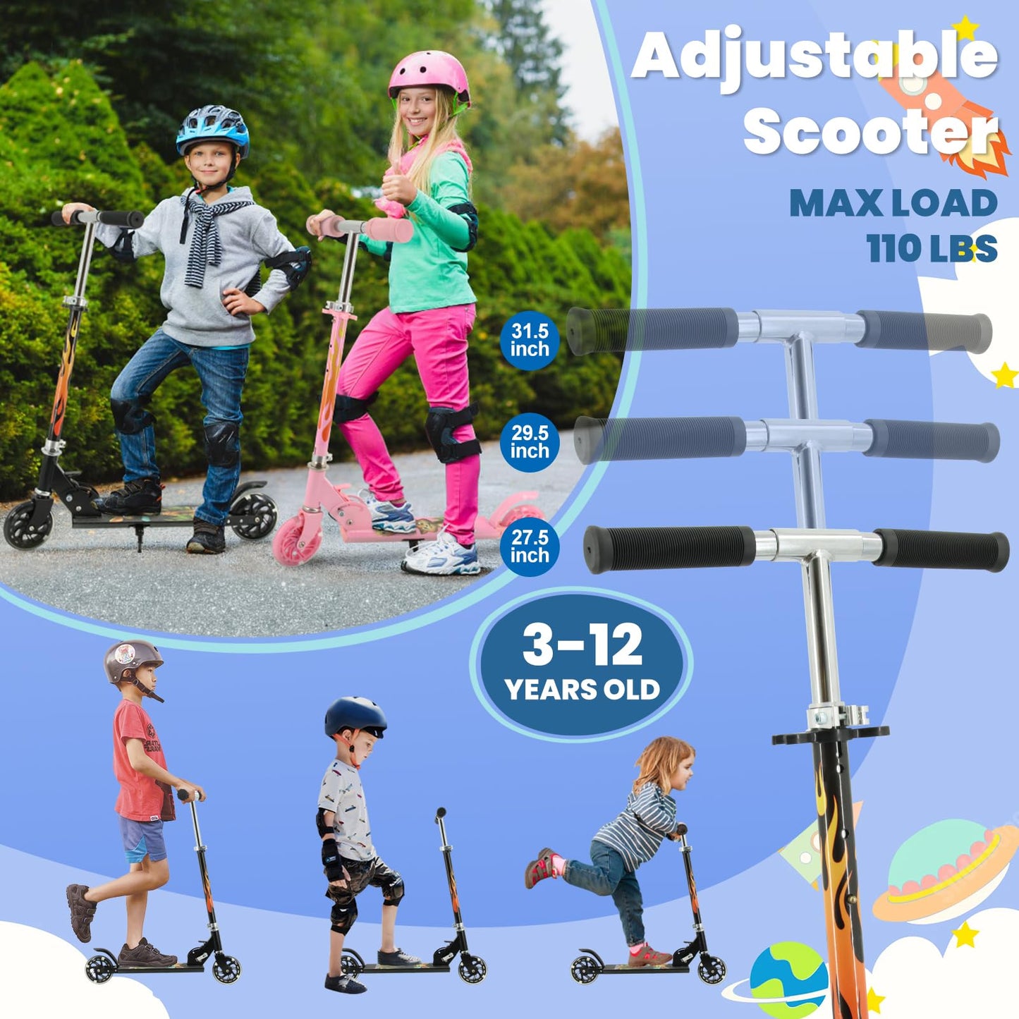 TENBOOM Scooter for Kids Ages 4-7, 2 Wheels Light Up Gift Scooters for Girls Boys Ages 6-12, Easy Folding Kids Scooter with 3 Levels Adjustable
