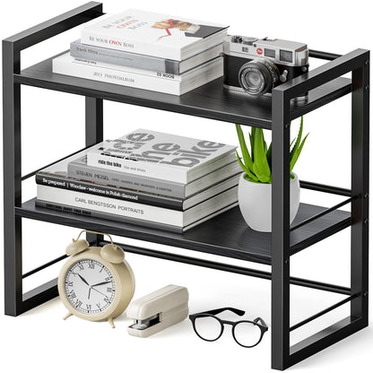 THYGIFTREE Office Desk Shelf Organizer, Wood Desktop Bookshelf Supplies Storage Rack, Shelf for Top of Desk and Dresser All Black