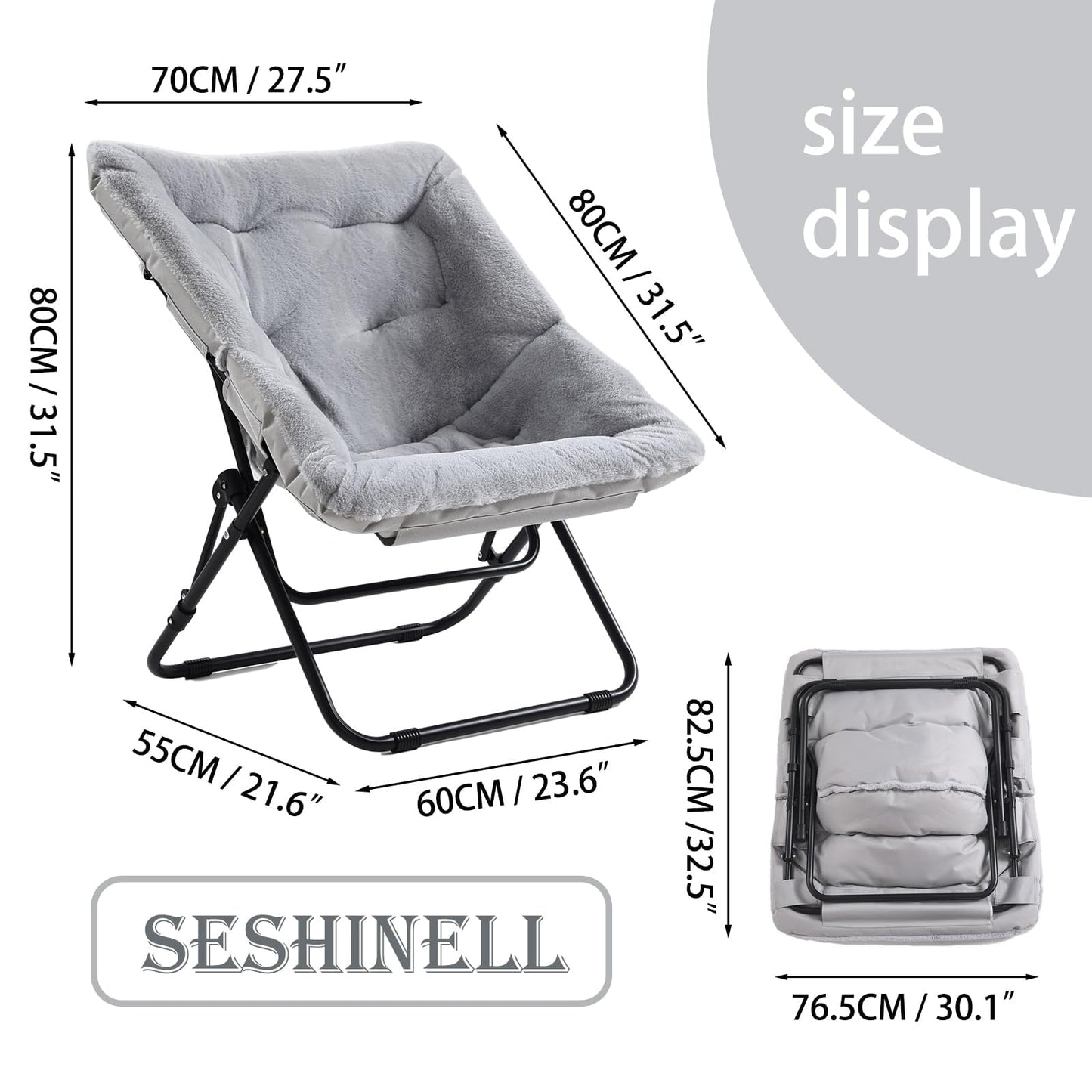 SESHINELL Comfy Saucer Lounge Chair, Oversized Foldable Faux Fur Moon Chair for Bedroom, Living Room, Dorm Rooms, Grey
