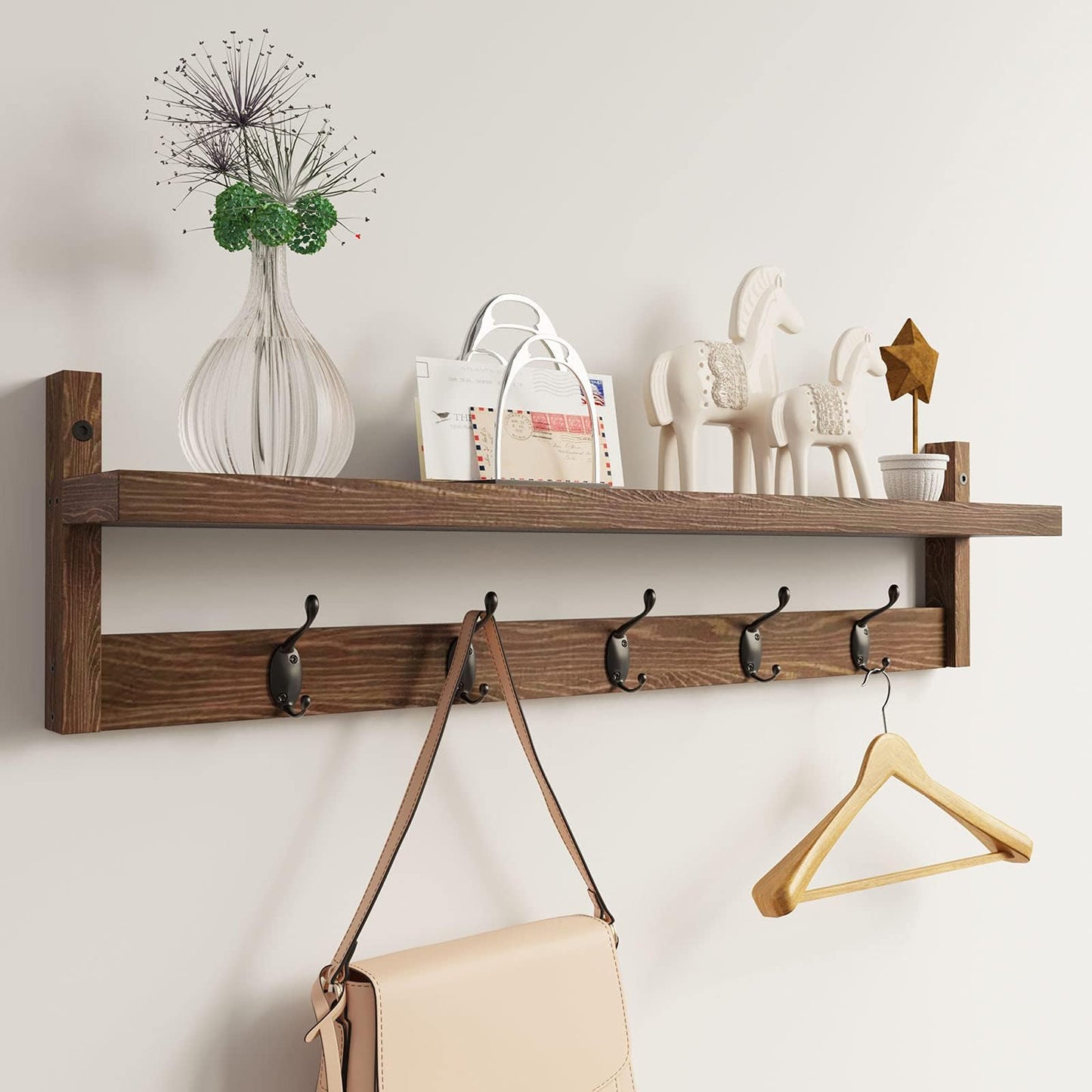AMBIRD Wall Hooks with Shelf - 73.5cm Length Entryway Wall-Mounted Wooden Coat Hooks with Integrated Shelf