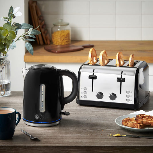 Russell Hobbs Black Stainless Steel Electric 1.7L Cordless Kettle (Quiet & Fast Boil 3KW, Removable washable anti-scale filter, Push button lid,