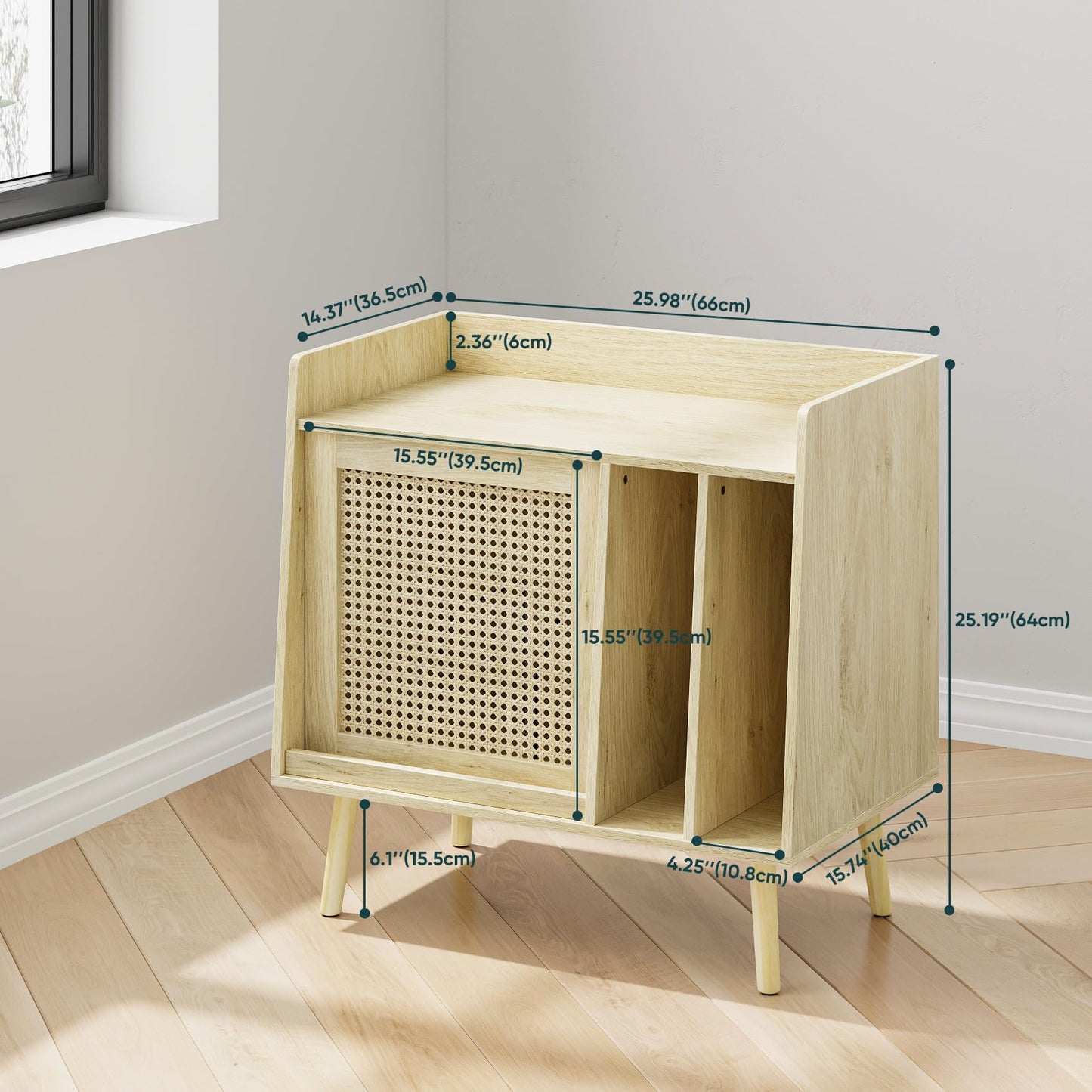 Kiasthome Record Player Stand, Vinyl Record Storage Cabinet Up to 150 Albums, Mid-Century Modern Turntable Side Table with Rattan Door & Solid Wood