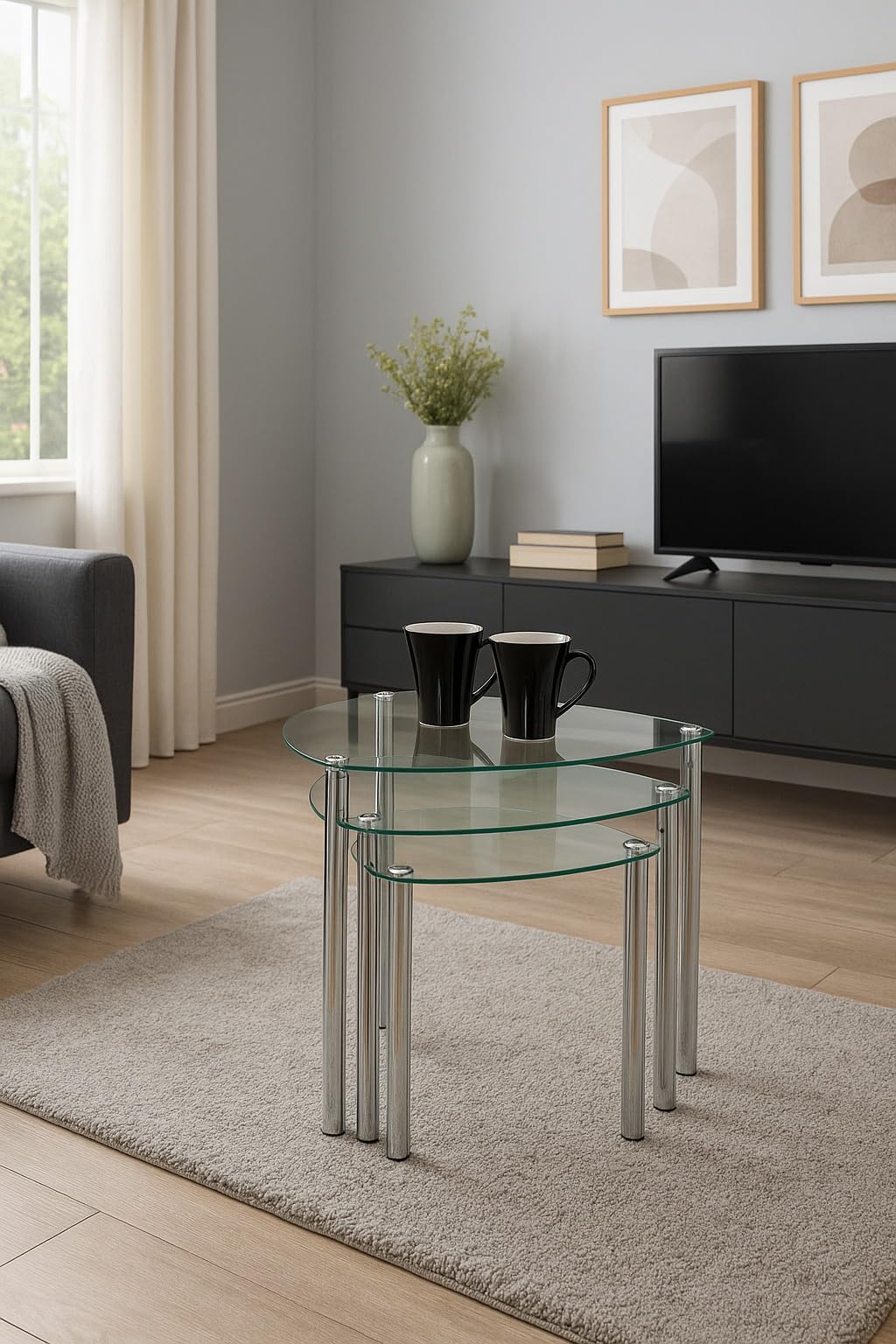 ASPECT Arena Set of 3 Nesting END Side Table-Clear Glass,Chrome Legs, 48x48x46 cm