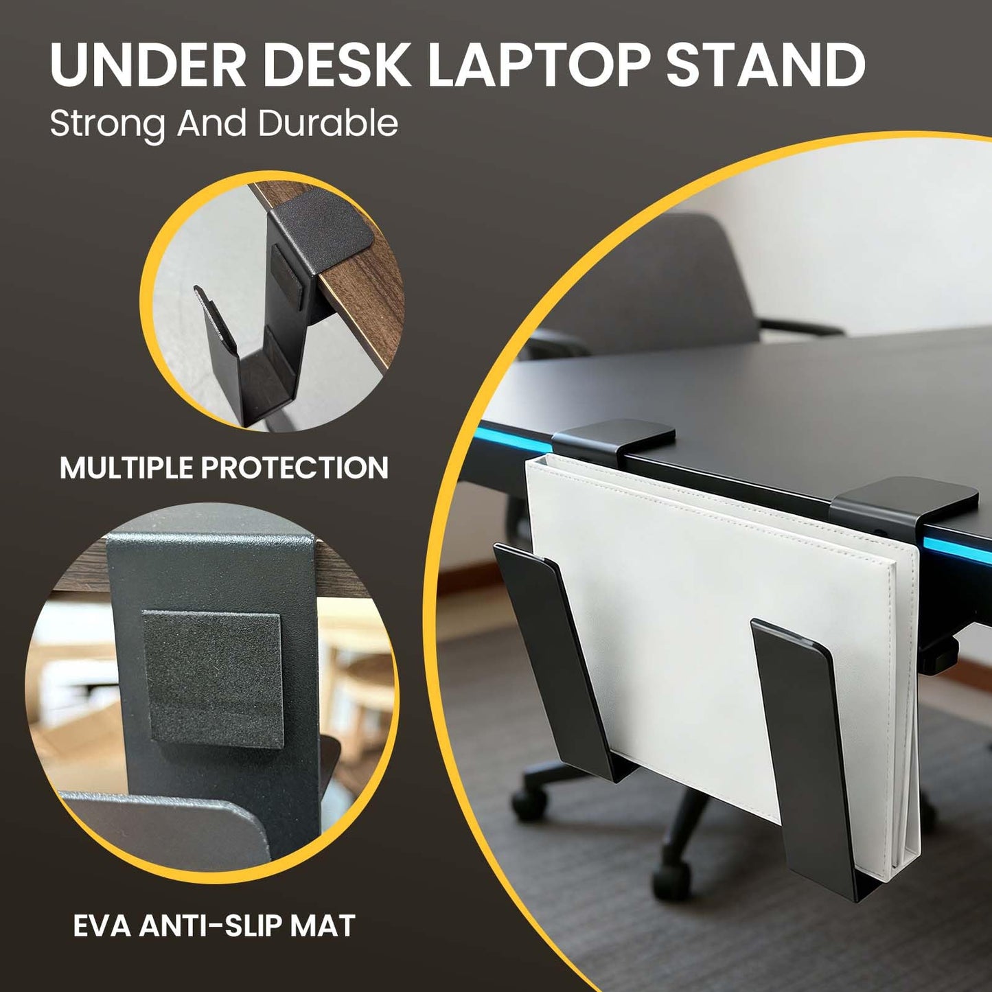 Wovella Adjustable Under Desk Laptop Stand, Metal Hanging Undershelf Clamp, No Drilling Laptop Organizer for Office and Home