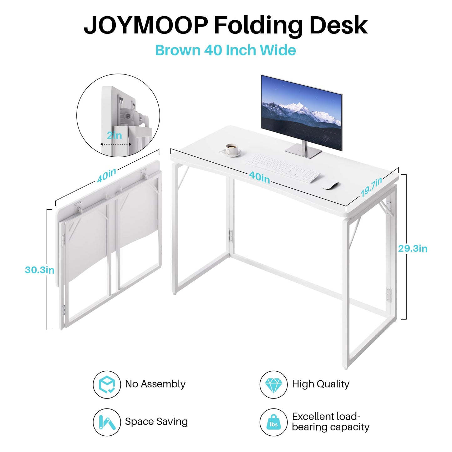 JOYMOOP White Folding Desk - 100 x 50 cm, No Assembly Middle Size Foldable Desk for Home, Office, Wooden Top Folding Computer Desk for Working