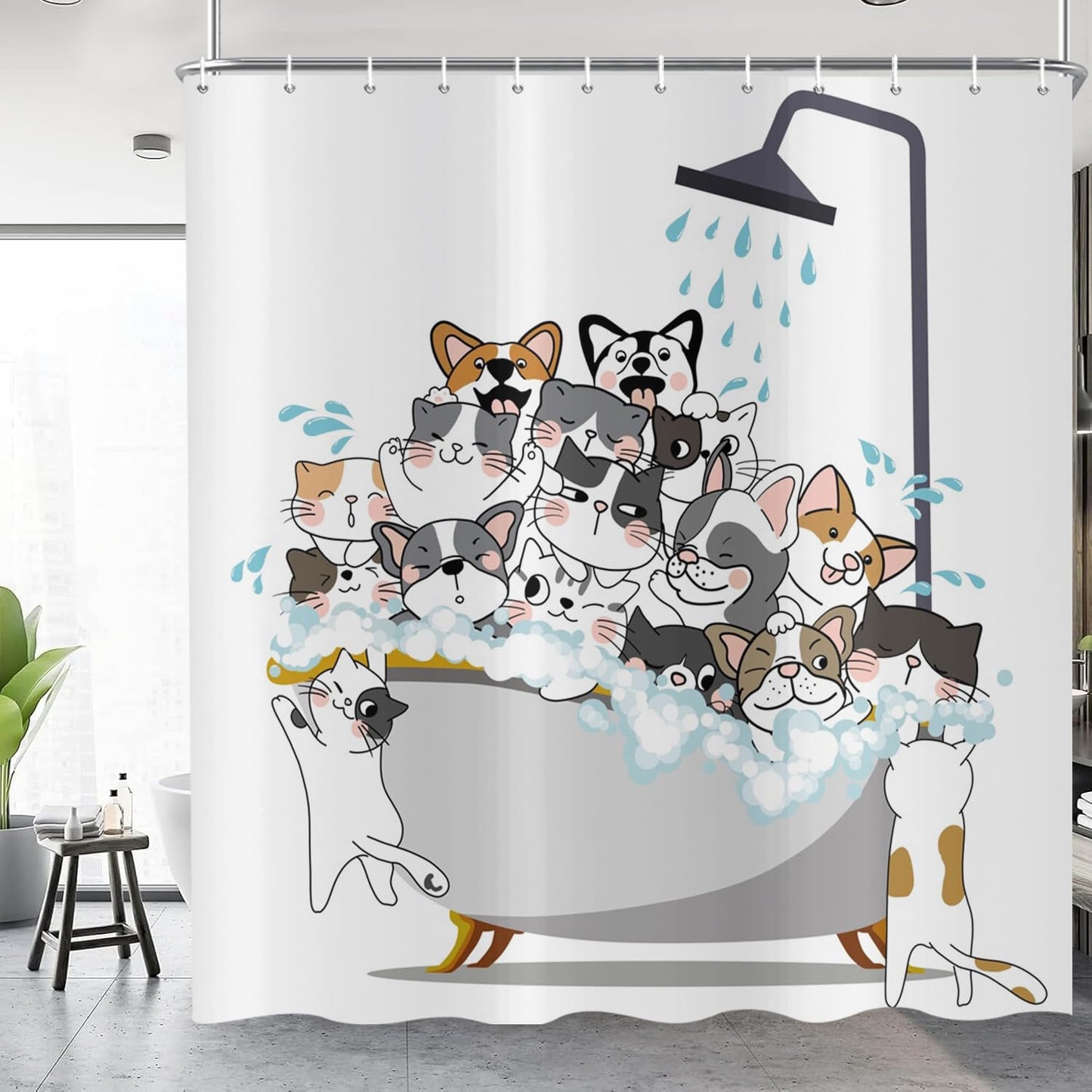 ASDCXZ Funny Cat Shower Curtain 180x200 cm, Cute Colorful Kitten Puppy Kids Bathroom Animal Hilarious Waterproof Bath Curtain Polyester Textile