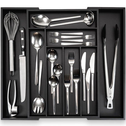 budu Cutlery Tray #45 (Depth 45 cm) Made of Bamboo - Black - Drawer Organiser System for the Kitchen - Cutlery Tray for Bamboo Drawers - Extendable -