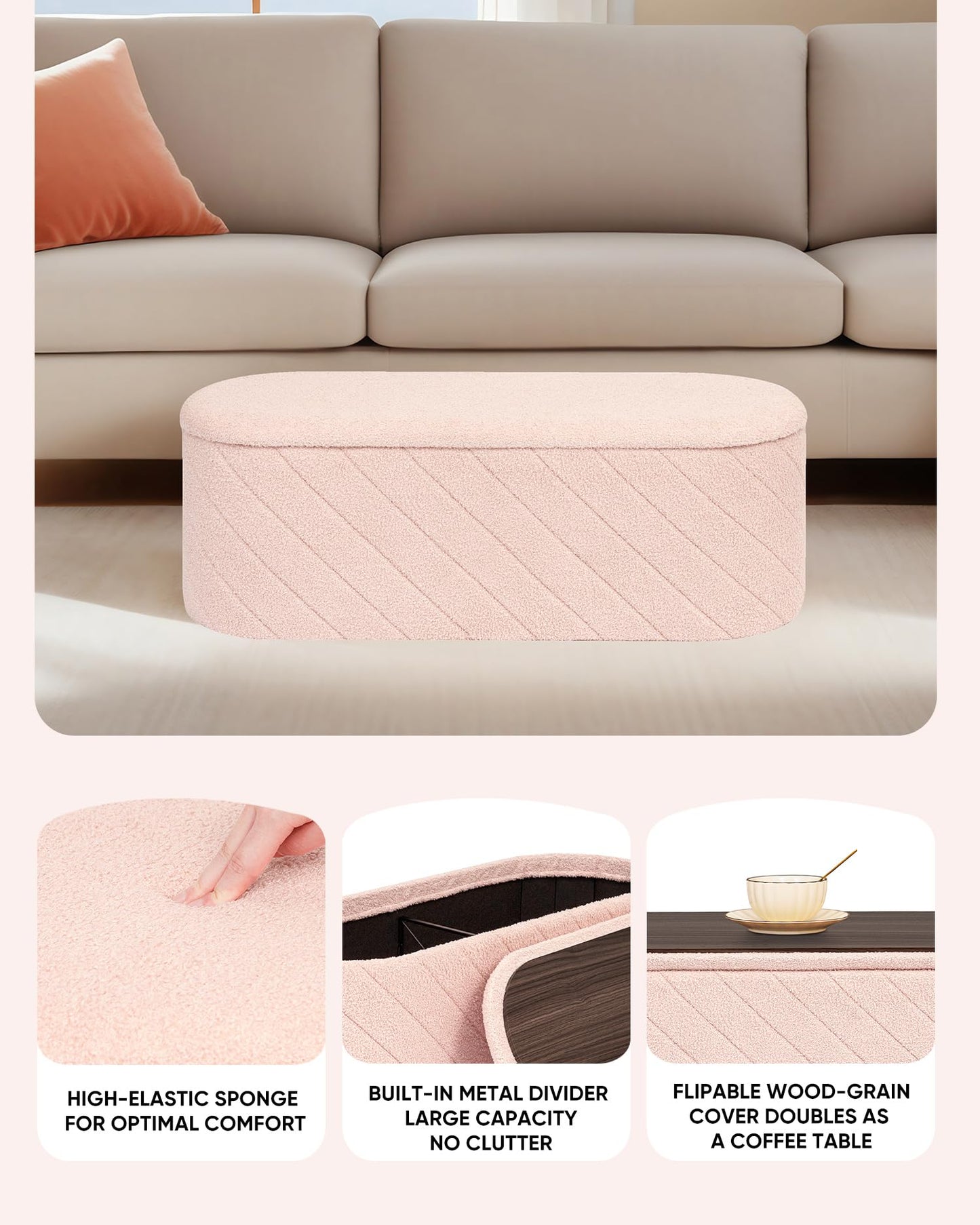 Bonlife Oval Ottoman with Storage Bench, Folding Foot Rest with Lid, Boucle End of Bed Bench,Foostool for Living