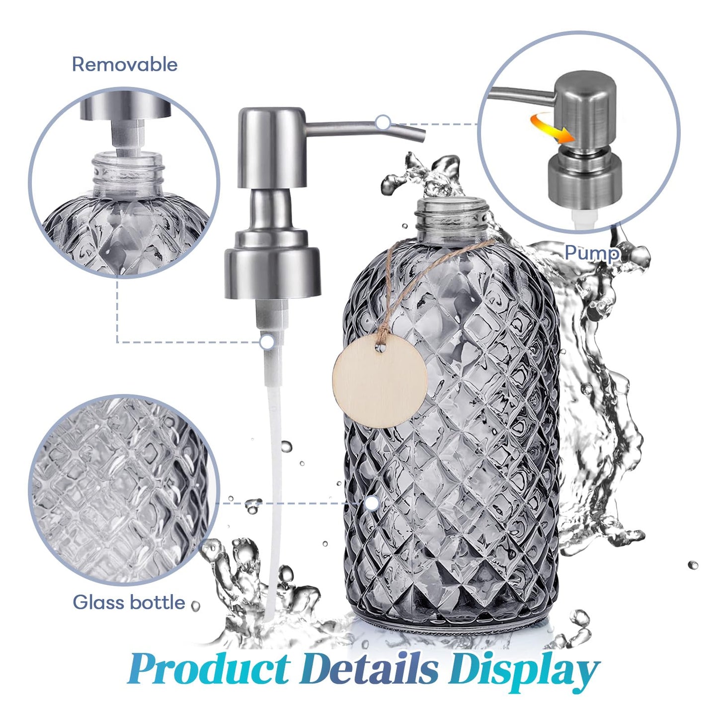 Topsky Glass Soap Dispenser with Silver Metal Pump 400ml Grey