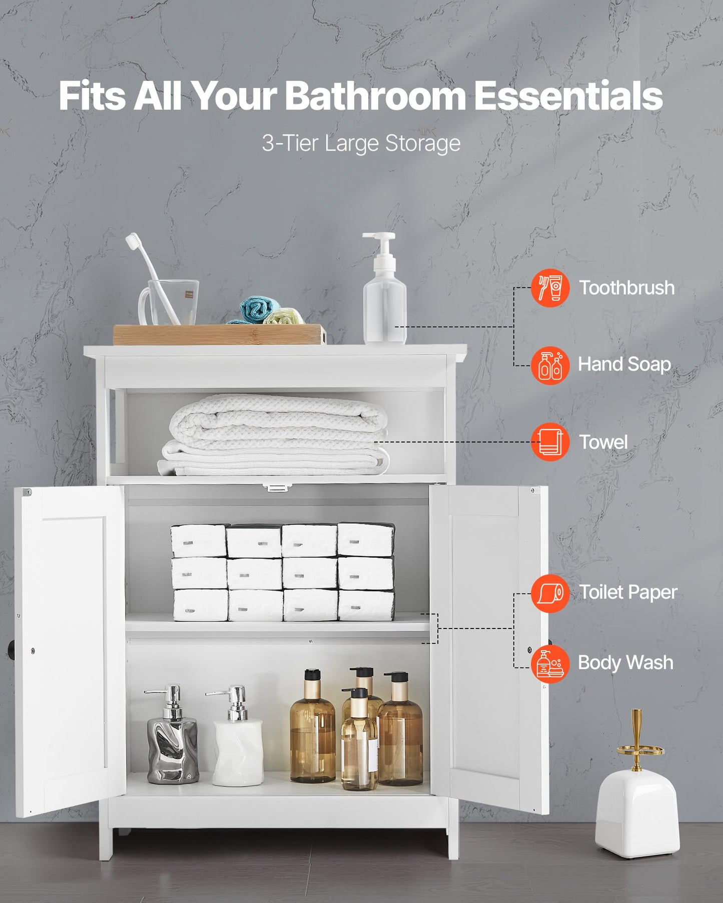 VEVOR Bathroom Floor Cabinet, 3-Tier, Wooden Storage Organizer with 2 Doors and Adjustable Shelf