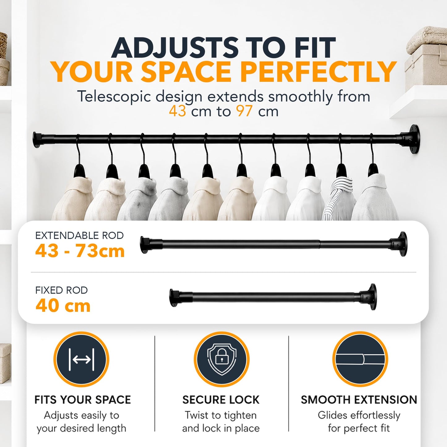Extendable Wardrobe Rail 43-97cm, Heavy Duty Metal Wardrobe Pole, Wardrobe Rails and Fittings for Cupboards, Closets