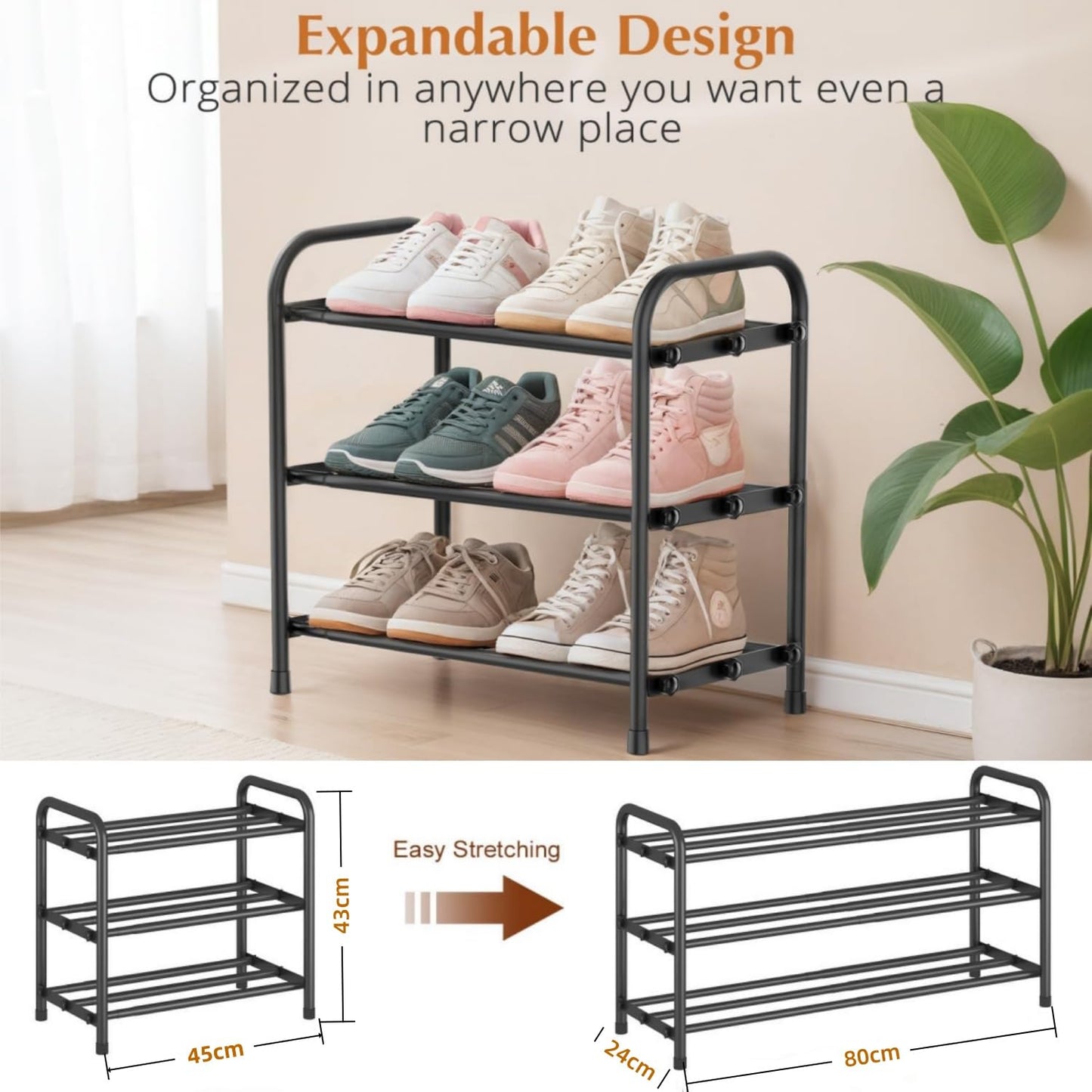 YUWHFEI Extendable 3-Tier Metal Shoe Rack, Adjustable Black Shoe Storage Organiser, Free Standing Shelf for Wardrobe, Closet, Bedroom, Hallway