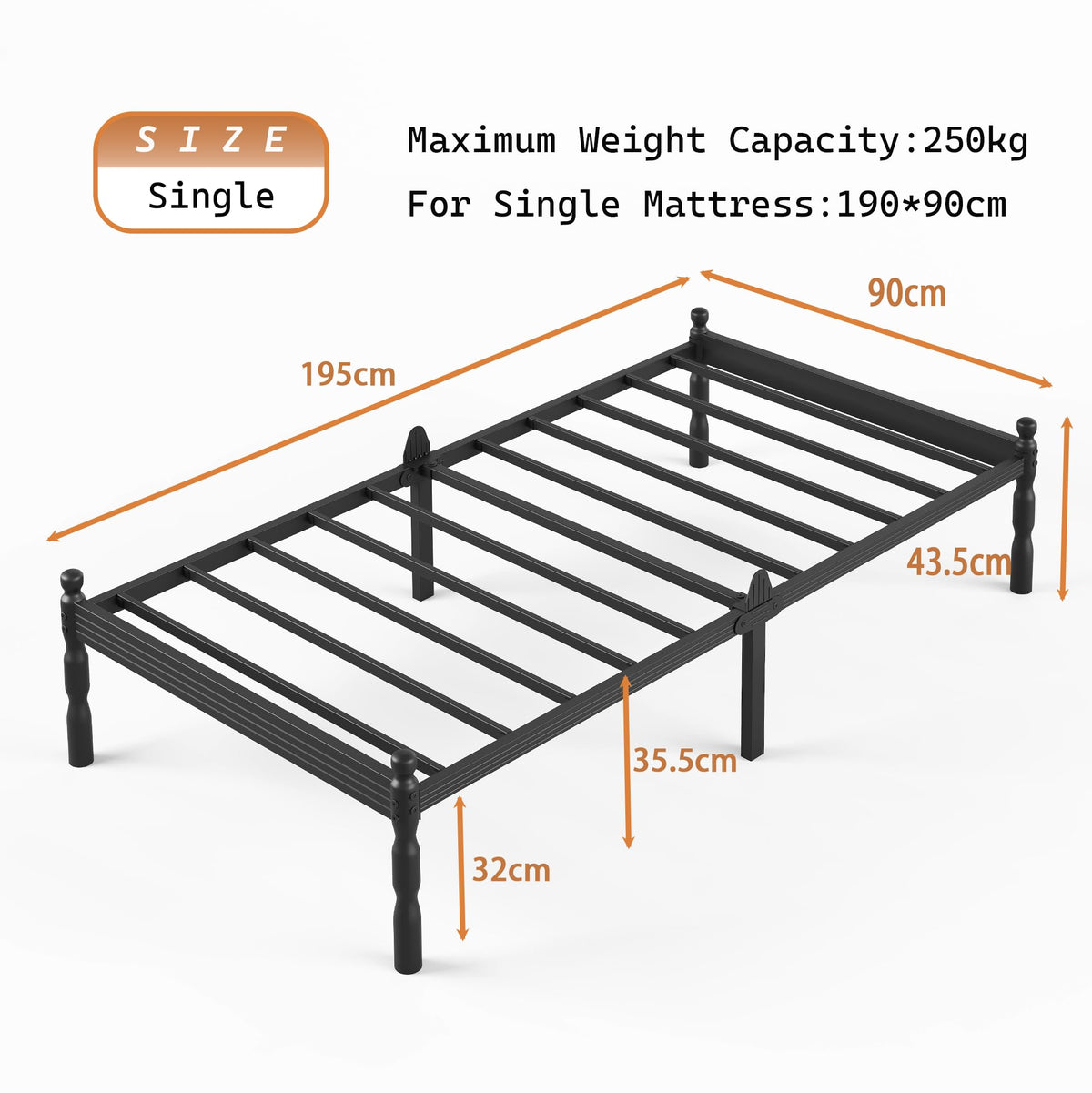 APEXTELLA HOME Single Bed Frame 3ft Vintage Style Metal Platform Bed Frame Anti-Slip Stoppers
