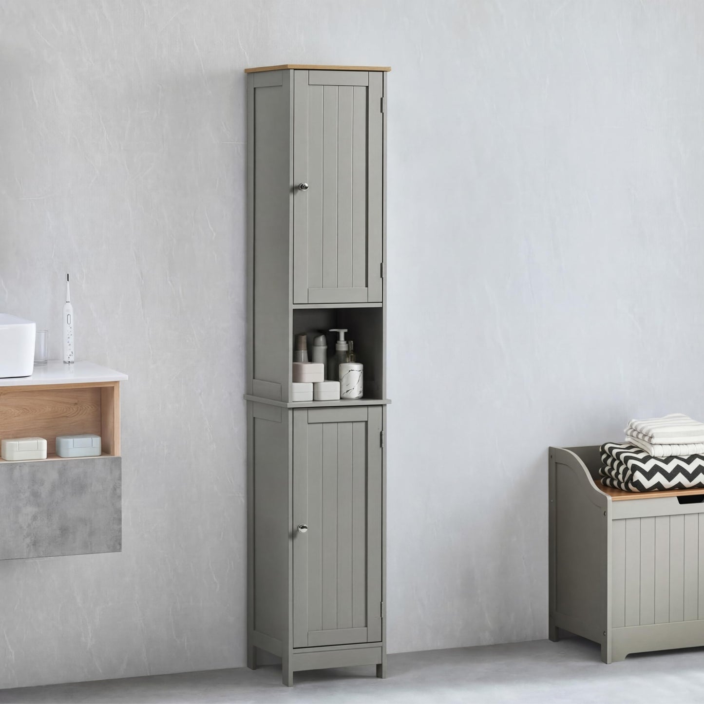 Bath Vida Priano Freestanding 2 Door Tall Storage Cabinet, Grey & Oak