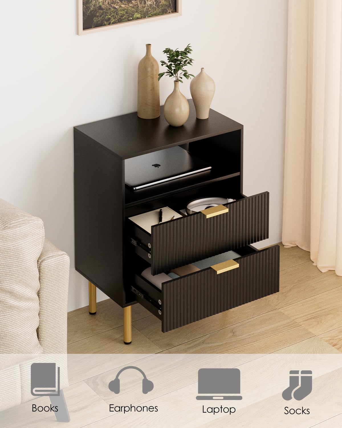 Apetaccat Bedside Table with 2 Drawers, Modern Bedside Cabniet with Metal Legs, Fluted Nightstand, Side Table for Bedroom, Living Room, Office