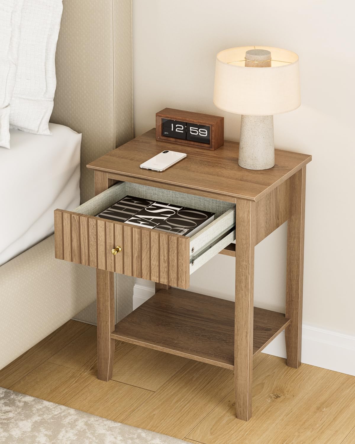 HEYZOEY Bedside Table Chest of 1 Drawer, Bedside Cabinet Wooden Nightstand, Modern Side Table for Living Room,Bedroom,Office,Walnut